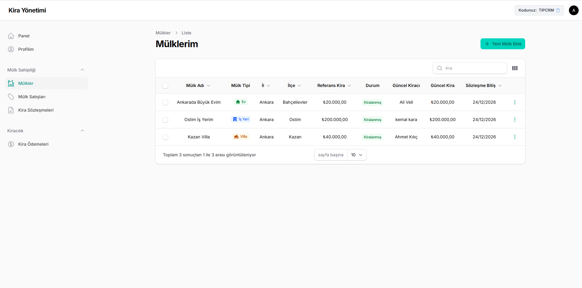 Mülk Yönetim Paneli